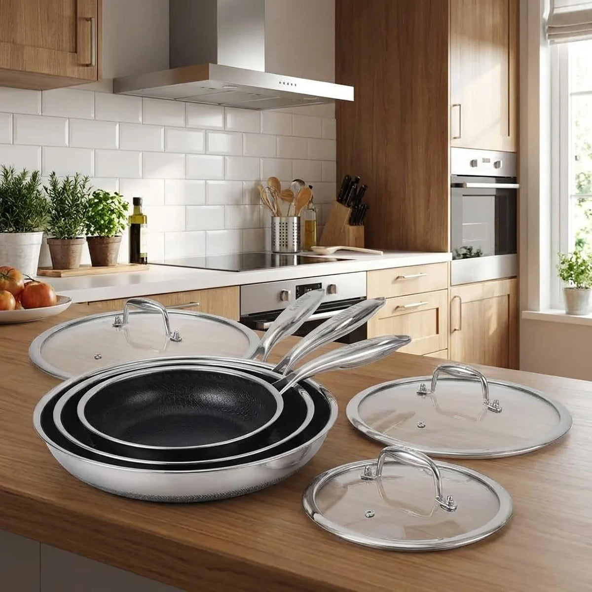 6Pcs Tri-Ply Stainless Steel Frying Pan Set Honeycomb Non-Stick Skillet With Glass Lids Induction Cookware Set