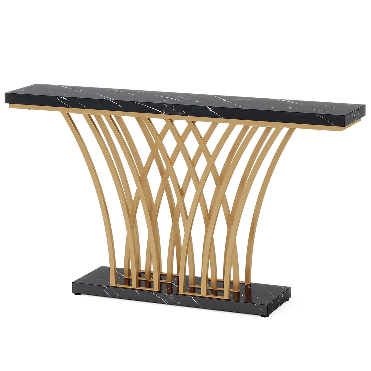 59 inch Gold Console Table, Modern Entryway Table with Grid-Shaped Metal Base for Entrance, Hallway, Entryway
