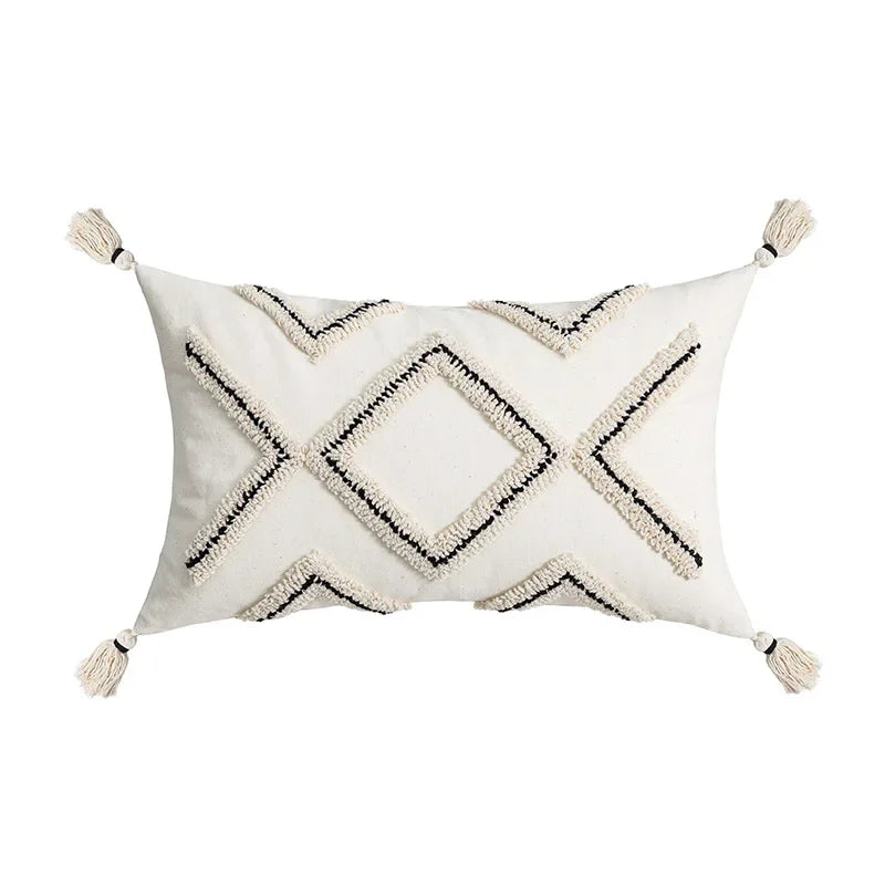 Nordic Blue Tufted Cushion Cover Geometric Stripe Grid Crochet Tassels Pillow Cover Decorative Home Decorative Cushions for Sofa