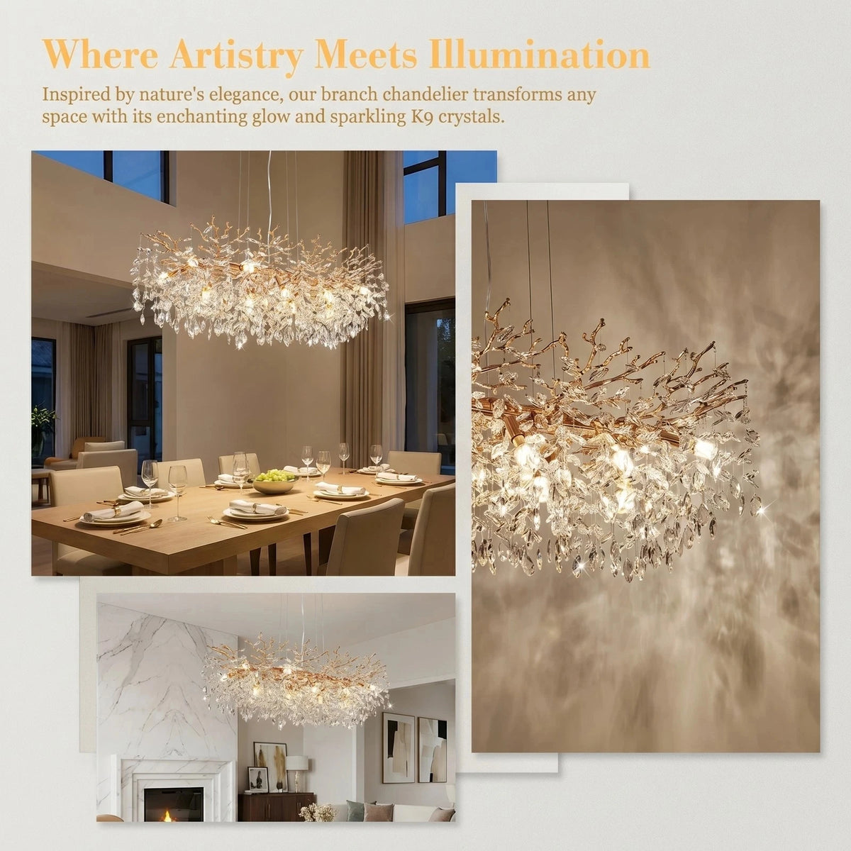 49-inch Luxury Gold Tree-Shaped Crystal Chandelier, 14-Lamp Dining Room Fixture, Height Adjustable, E12 Lamp Holder, No Bulb