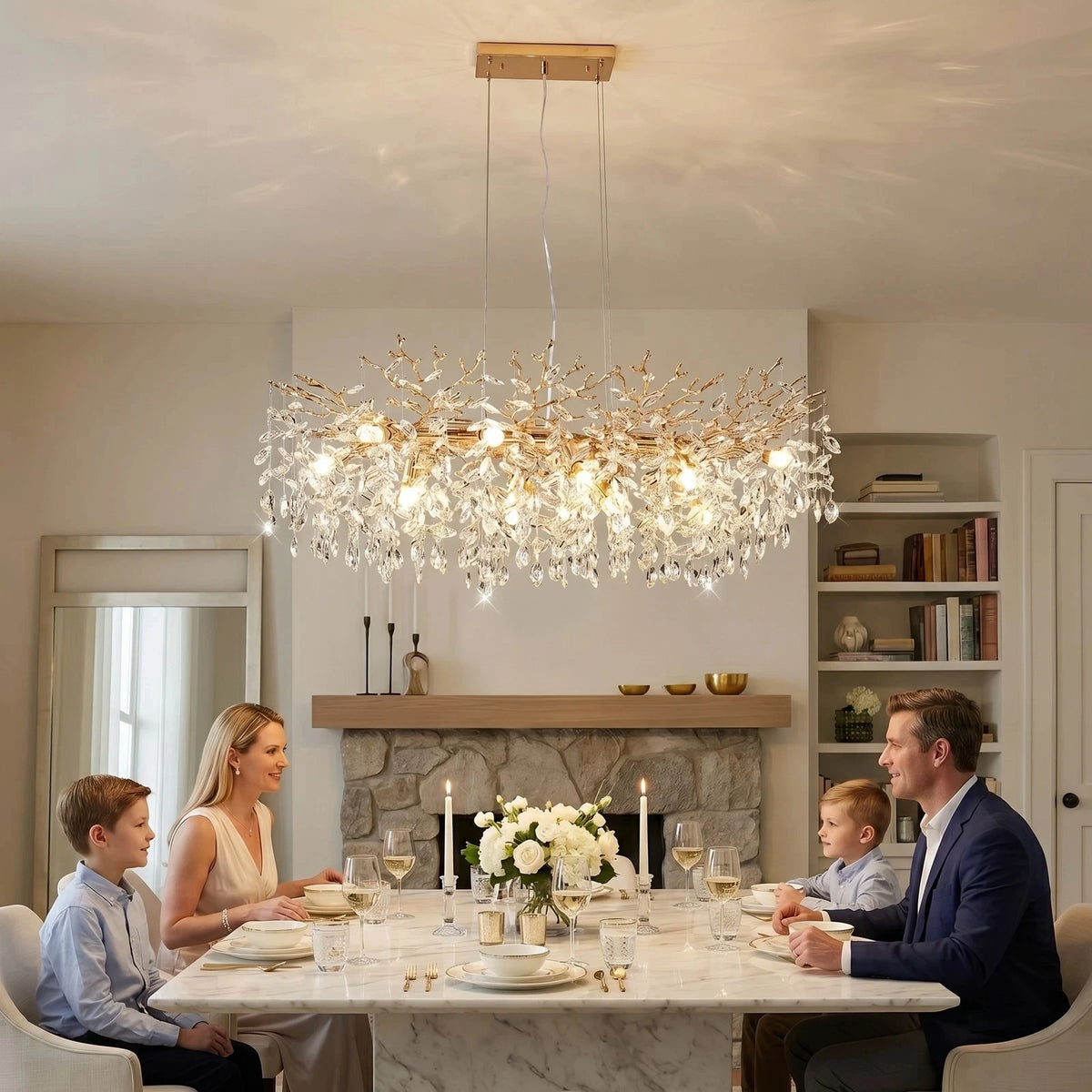 49-inch Luxury Gold Tree-Shaped Crystal Chandelier, 14-Lamp Dining Room Fixture, Height Adjustable, E12 Lamp Holder, No Bulb