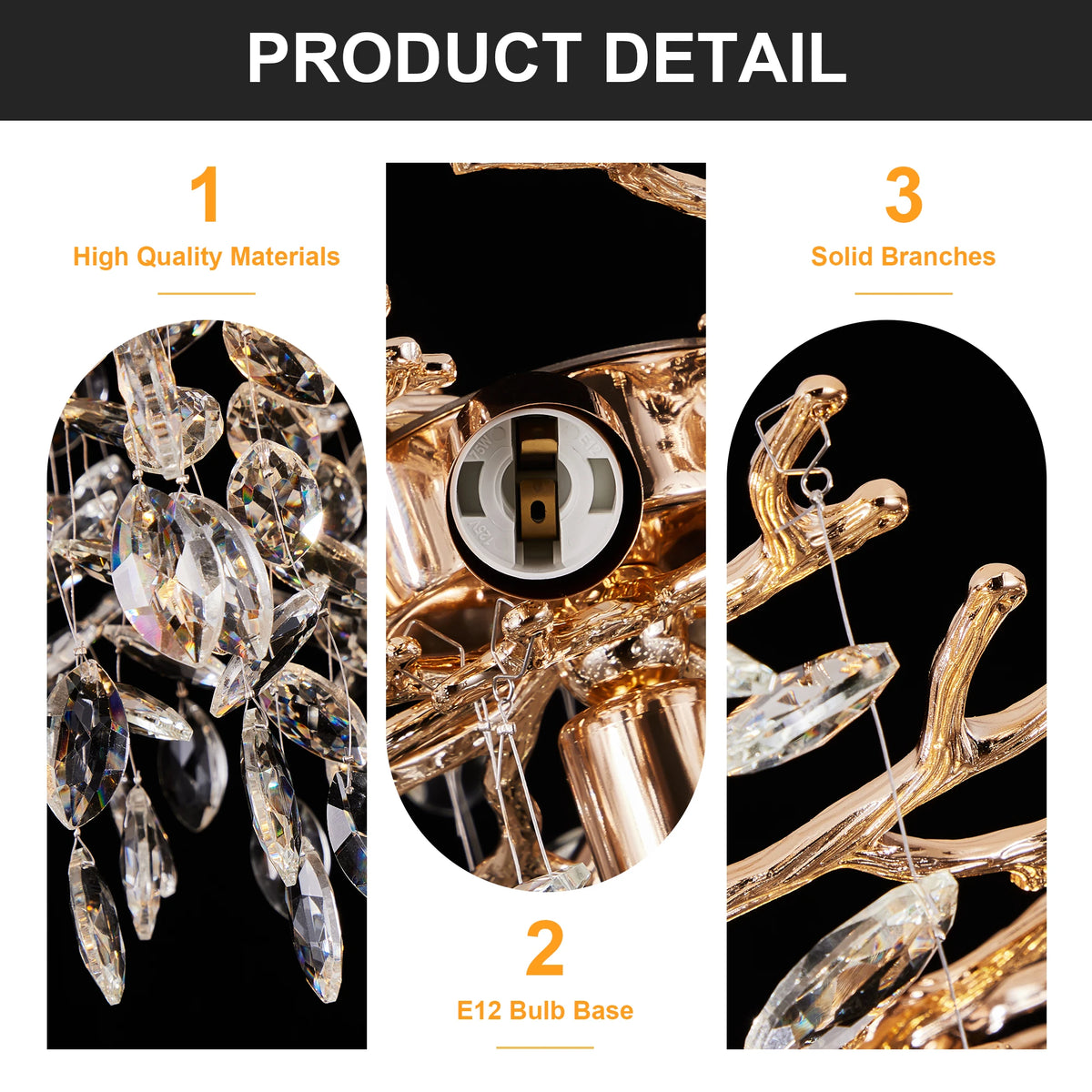 49-inch Luxury Gold Tree-Shaped Crystal Chandelier, 14-Lamp Dining Room Fixture, Height Adjustable, E12 Lamp Holder, No Bulb
