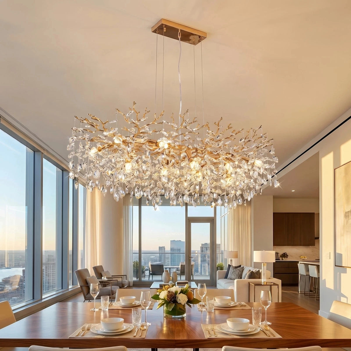 49-inch Luxury Gold Tree-Shaped Crystal Chandelier, 14-Lamp Dining Room Fixture, Height Adjustable, E12 Lamp Holder, No Bulb