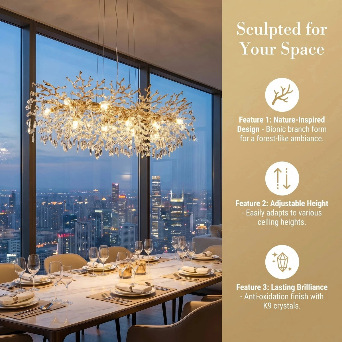 49-inch Luxury Gold Tree-Shaped Crystal Chandelier, 14-Lamp Dining Room Fixture, Height Adjustable, E12 Lamp Holder, No Bulb