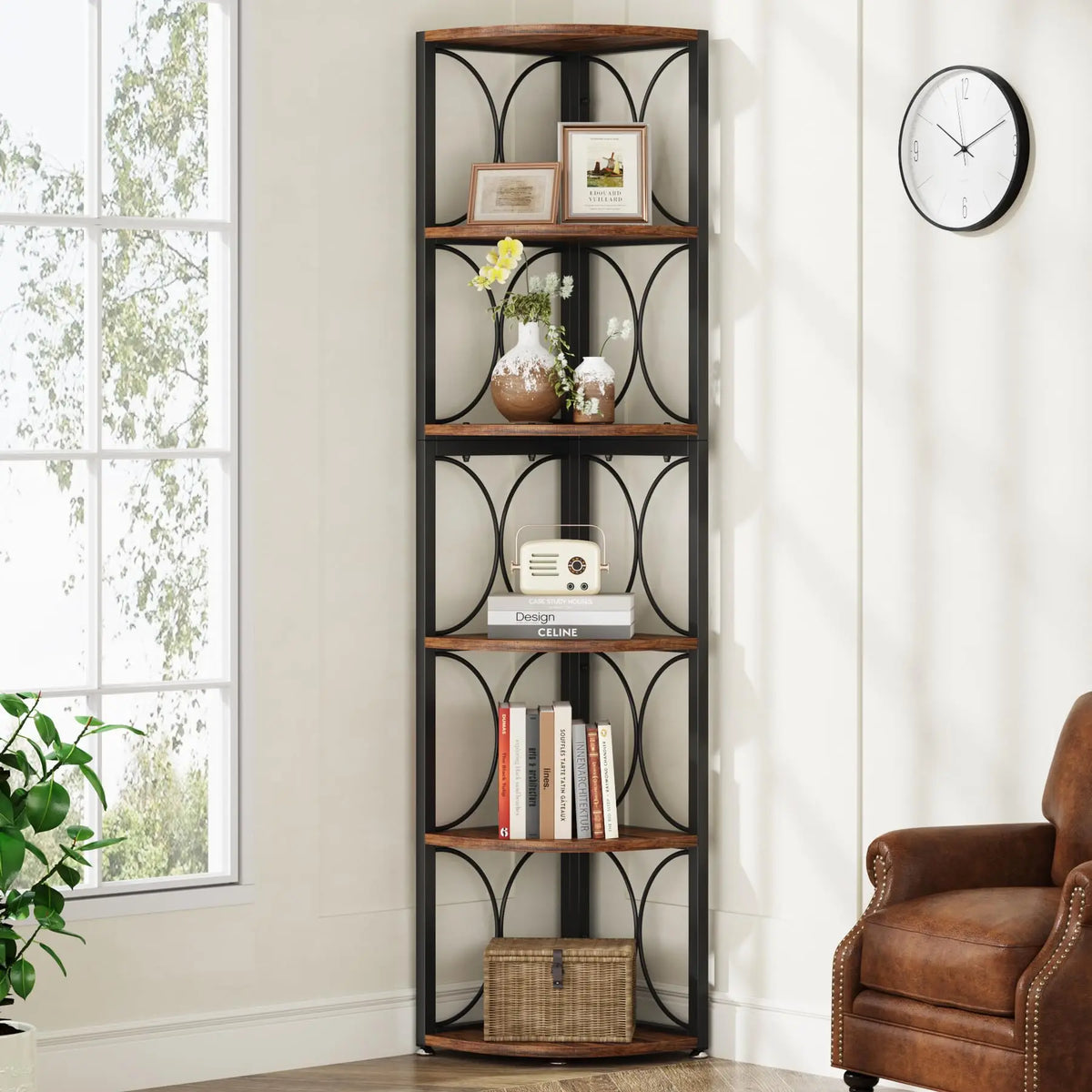 67 inch Tall Corner Shelf, 6 Tier Rustic Corner Bookshelf Bookcase Storage Rack Standing Shelving Unit