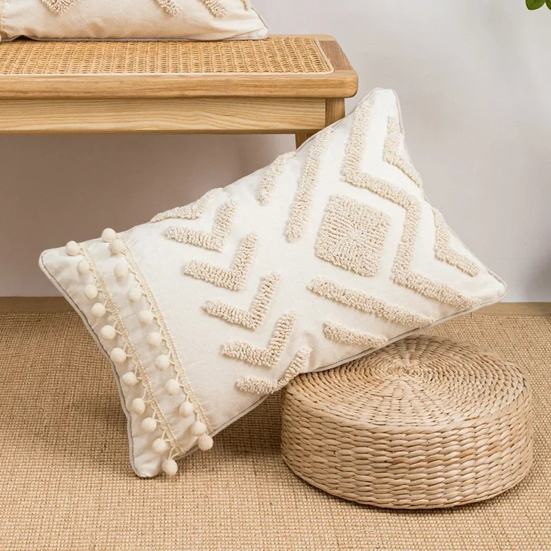 Nordic Blue Tufted Cushion Cover Geometric Stripe Grid Crochet Tassels Pillow Cover Decorative Home Decorative Cushions for Sofa