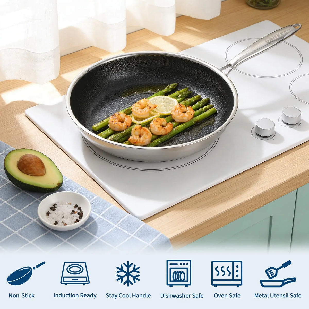 6Pcs Tri-Ply Stainless Steel Frying Pan Set Honeycomb Non-Stick Skillet With Glass Lids Induction Cookware Set