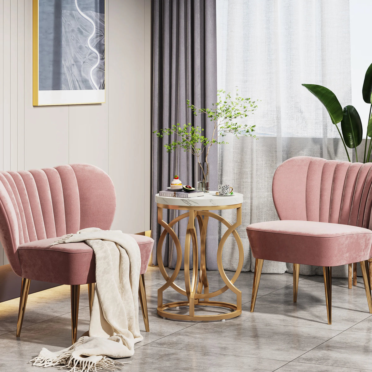 Modern Round End Table with Thick Wood Top, 20“ Side Table Cocktail Table with Unique O-Shaped Base