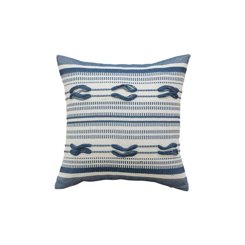 Nordic Blue Tufted Cushion Cover Geometric Stripe Grid Crochet Tassels Pillow Cover Decorative Home Decorative Cushions for Sofa