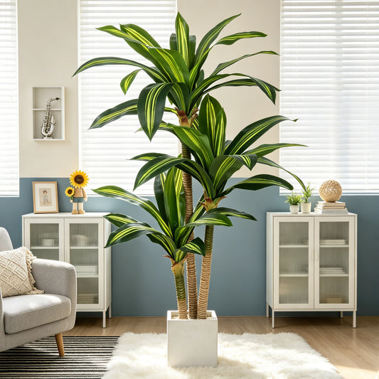4ft/5ft/6ft Artificial Dracaena Tree in Pot - Realistic Faux Plastic Tropical Floor Plant with Easy Assembly, All-Season Indoor/Outdoor Decor for Home Office Living Room Porch