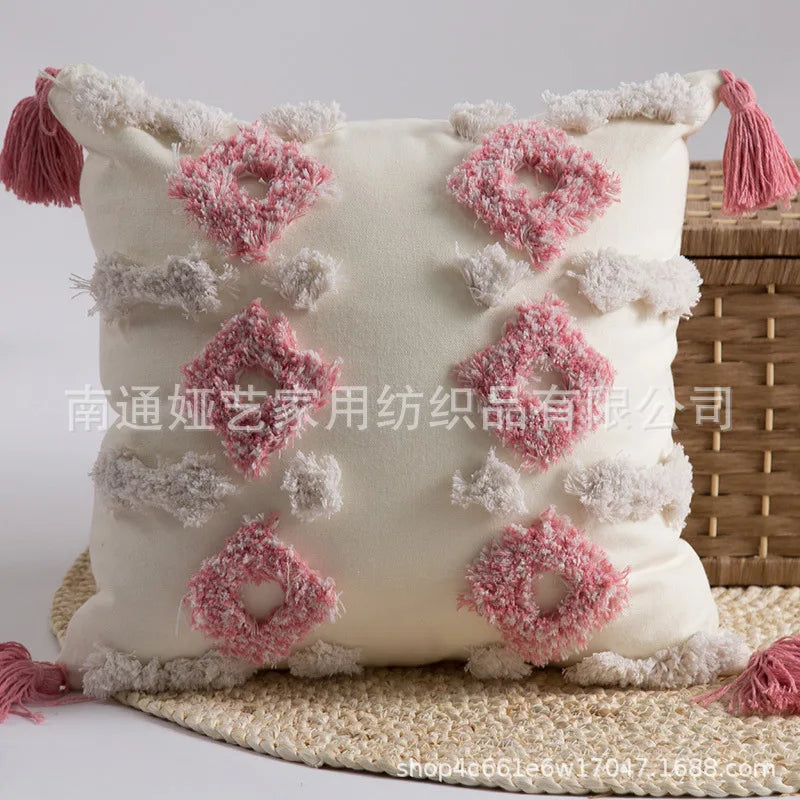 Nordic Blue Tufted Cushion Cover Geometric Stripe Grid Crochet Tassels Pillow Cover Decorative Home Decorative Cushions for Sofa