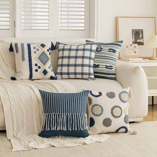 Nordic Blue Tufted Cushion Cover Geometric Stripe Grid Crochet Tassels Pillow Cover Decorative Home Decorative Cushions for Sofa