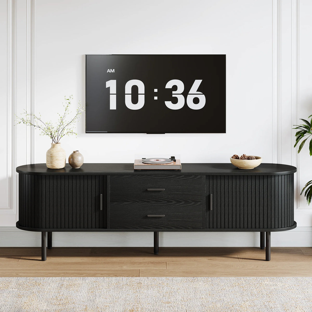 70" Mid-Century Modern TV Stand with Sliding Tambour Door, Drawers and Adjustable Shelves, Long Fluted Entertainment