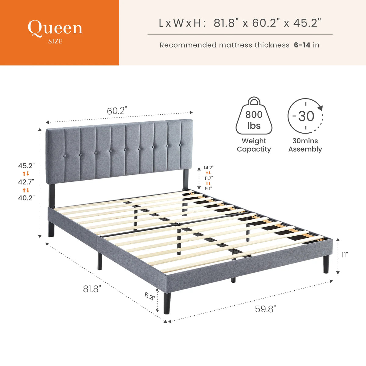 Basic Fabric Upholstered Bed Frame Platform Bed with Headboard Sturdy Wooden Slats Support Easy Assembly Noise Free