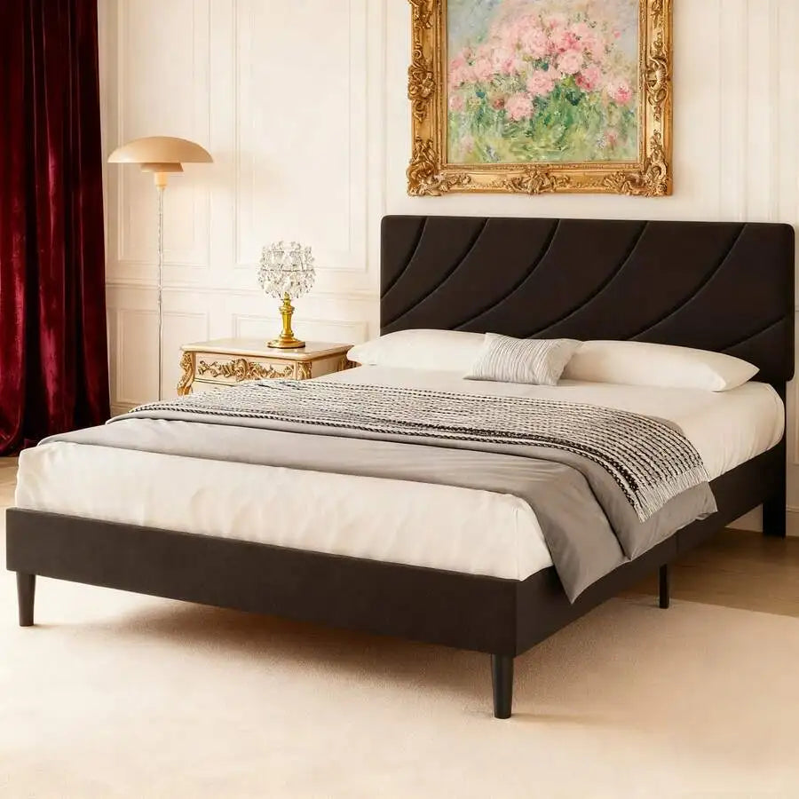 Queen Upholstered Bed Frame With Headboard, Modern Linen Fabric Platform Bed, Adjustable Headboard, No Box Spring Needed, Easy Assembly, Twin/Full/Queen, Black/Blue/Pink/White