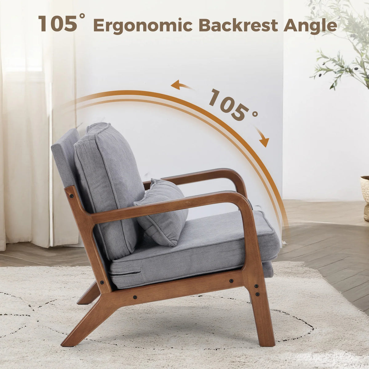 Mid Century Modern Chair Solid Wooden Frame Accent Chair with Arms  Lounge chair