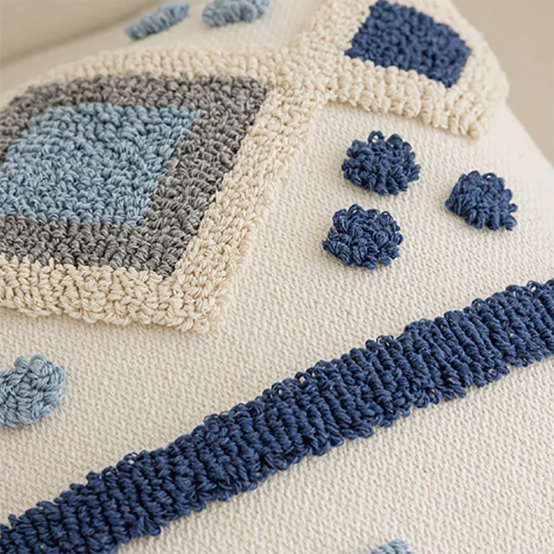Nordic Blue Tufted Cushion Cover Geometric Stripe Grid Crochet Tassels Pillow Cover Decorative Home Decorative Cushions for Sofa