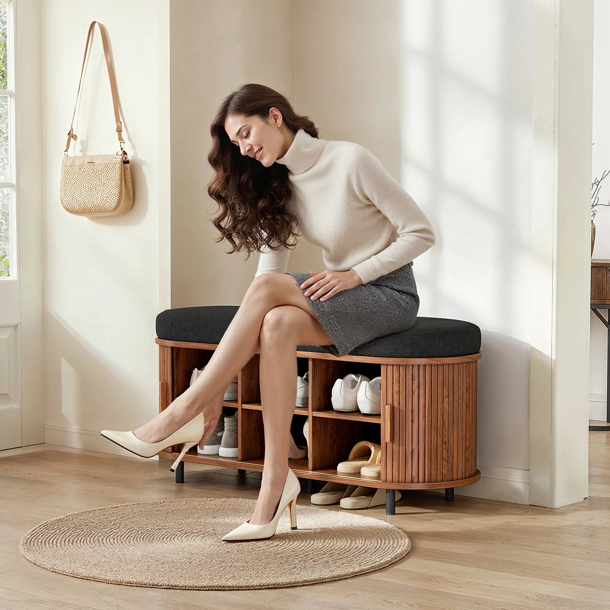 43.3 inch Shoe Storage Bench, 3 Tier Shoe Rack Bench Organizer with Storage, Cushion and Sliding Door Removable