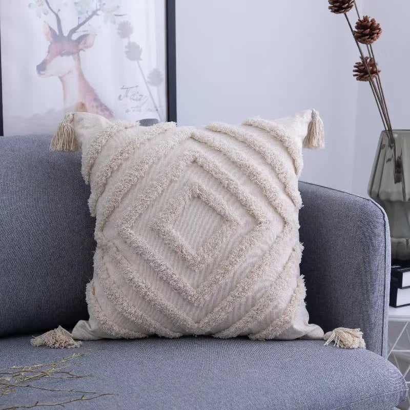 Nordic Blue Tufted Cushion Cover Geometric Stripe Grid Crochet Tassels Pillow Cover Decorative Home Decorative Cushions for Sofa