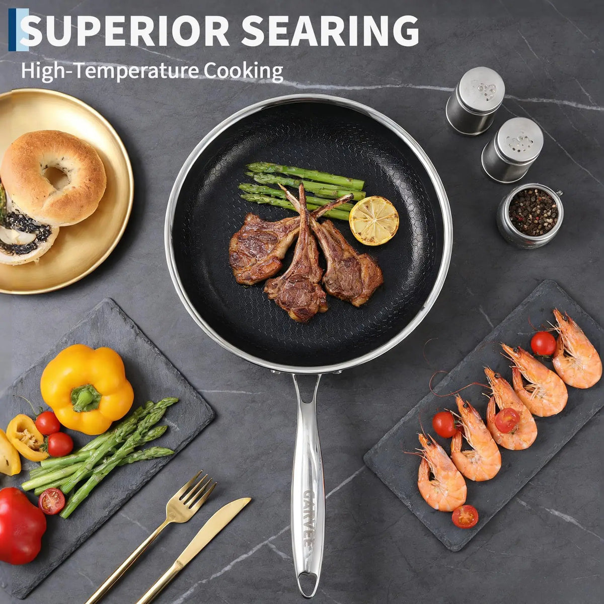 6Pcs Tri-Ply Stainless Steel Frying Pan Set Honeycomb Non-Stick Skillet With Glass Lids Induction Cookware Set
