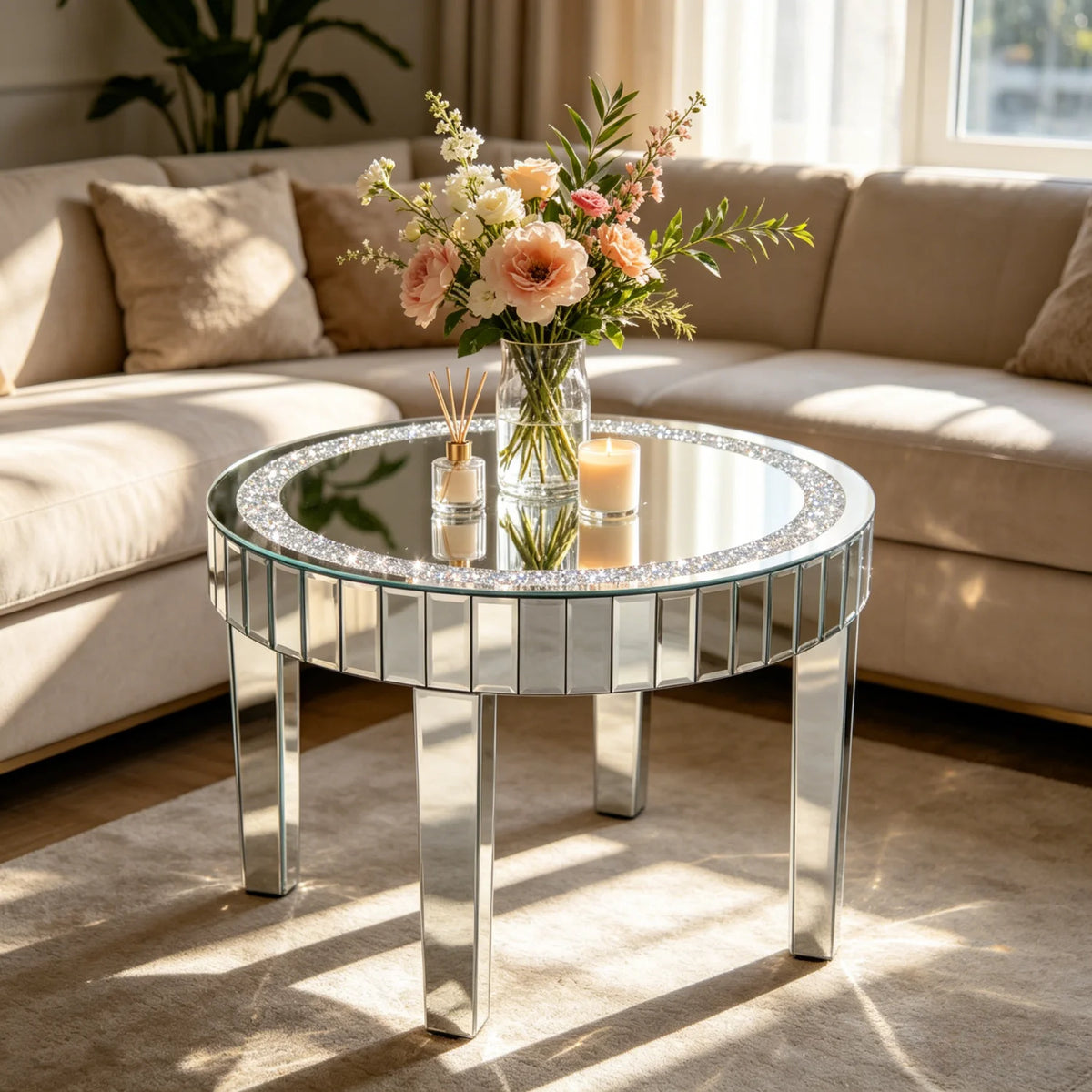 Crushed Crystal Round Mirrored Coffee Table, Sparkle Diamond, Sofa Side End Table, Accent Table, Bedside Table