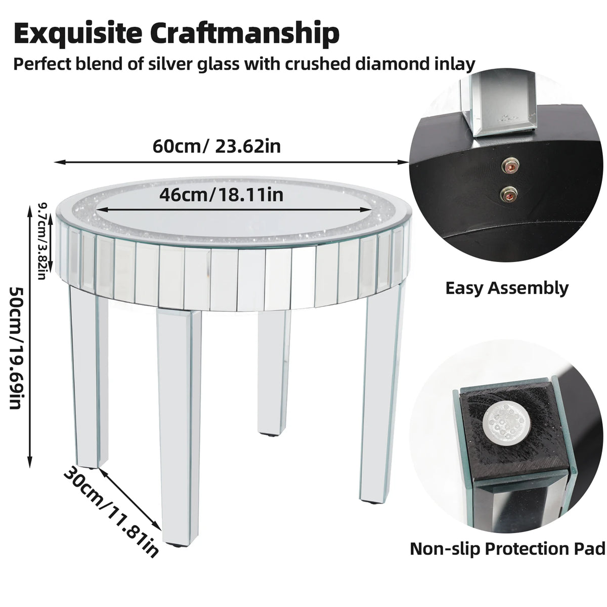 Crushed Crystal Round Mirrored Coffee Table, Sparkle Diamond, Sofa Side End Table, Accent Table, Bedside Table