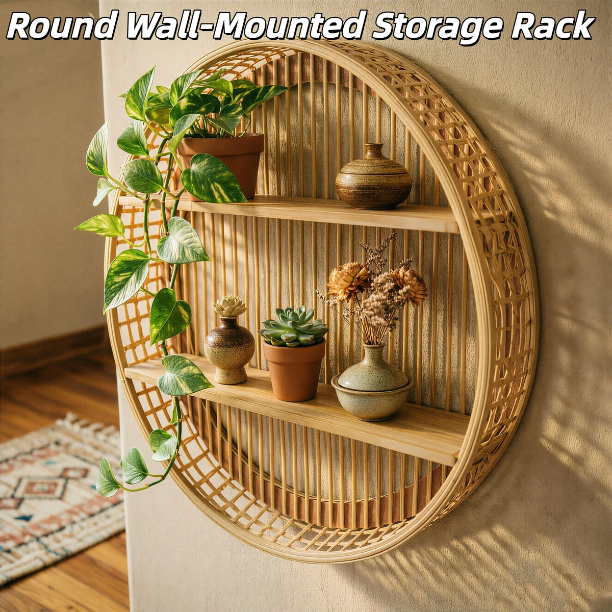 Round Wall Shelf 2 Tier Circle Wicker Hanging Shelf Display Storage Farmhouse Home Decorations or Dining Room Living Room Office Kitchen Bathroom