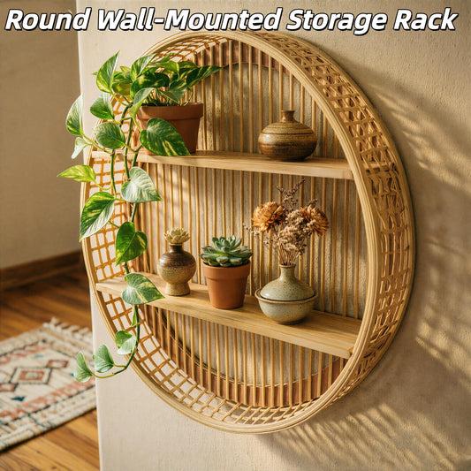 Round Wall Shelf 2 Tier Circle Wicker Hanging Shelf Display Storage Farmhouse Home Decorations or Dining Room Living Room Office Kitchen Bathroom