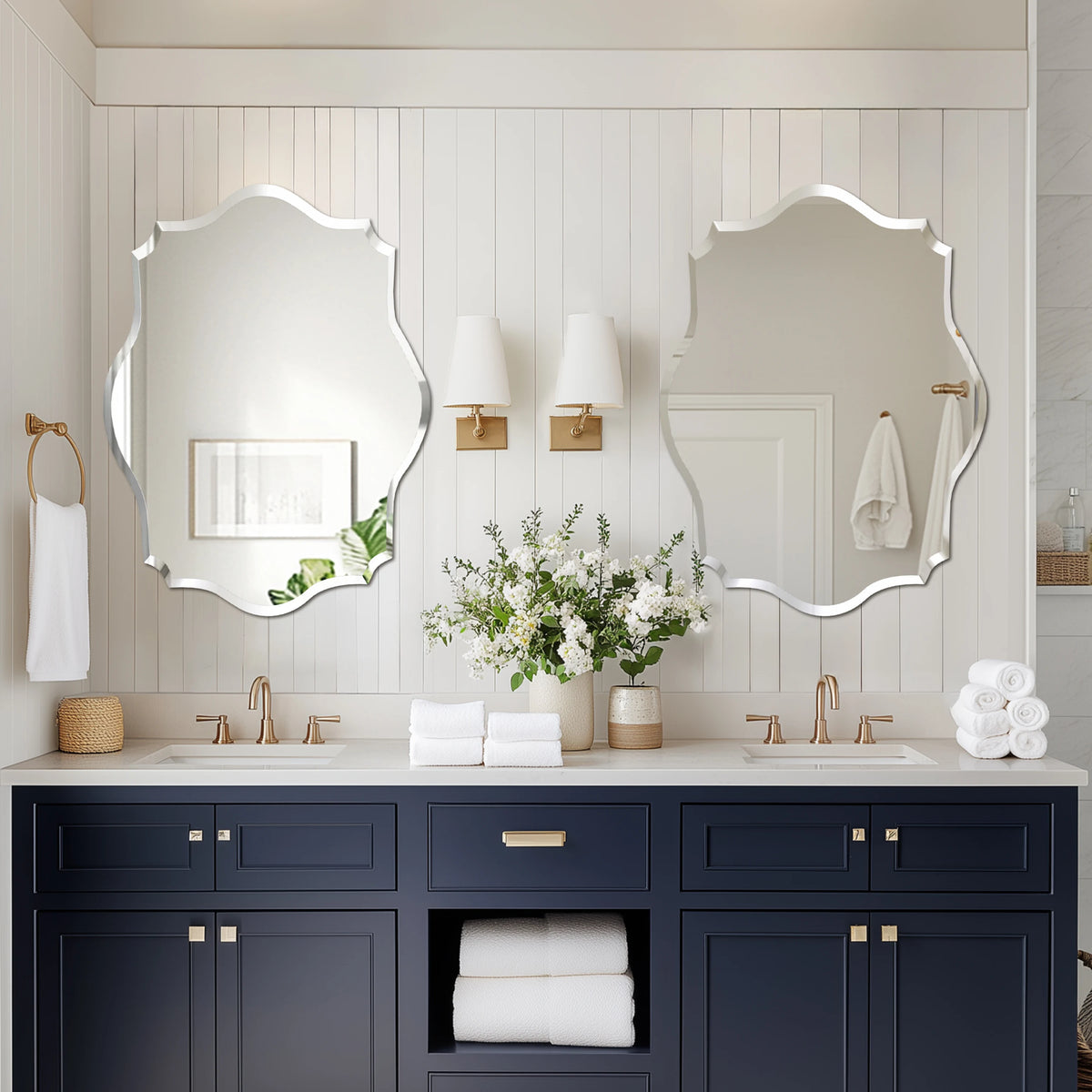 Wisfor Wall Mirror Scalloped Frameless Beveled Edge Polished for Bathroom, Living Room, Vanity, Bedroom, Slive Mirror