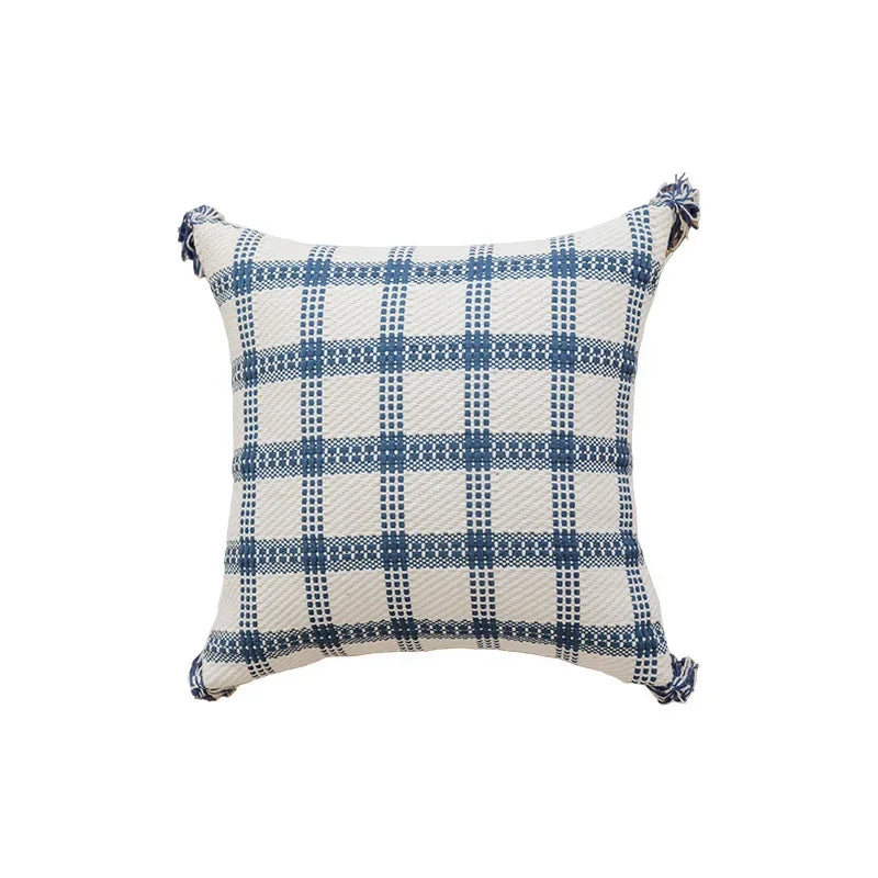 Nordic Blue Tufted Cushion Cover Geometric Stripe Grid Crochet Tassels Pillow Cover Decorative Home Decorative Cushions for Sofa