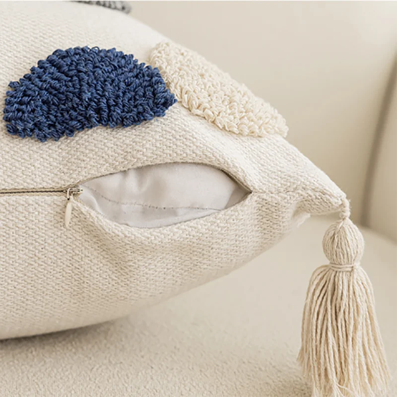 Nordic Blue Tufted Cushion Cover Geometric Stripe Grid Crochet Tassels Pillow Cover Decorative Home Decorative Cushions for Sofa
