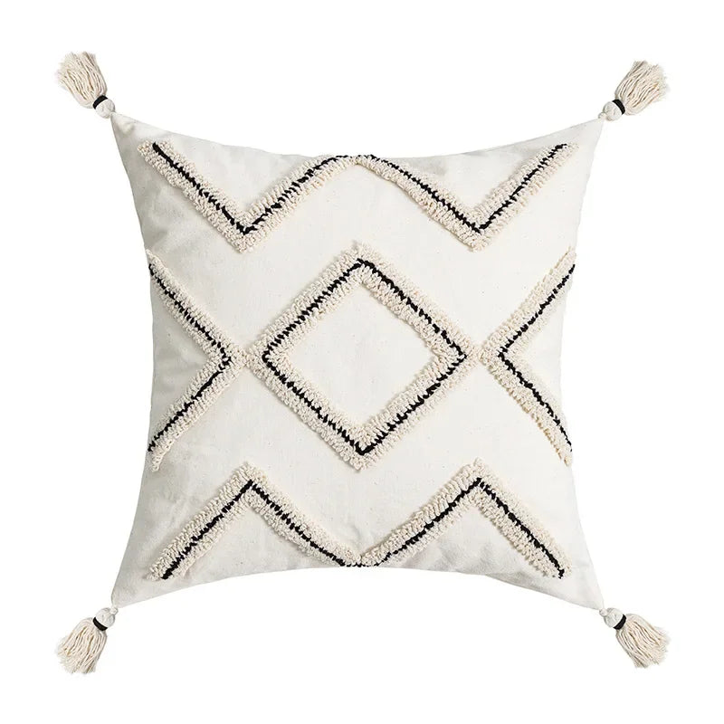 Nordic Blue Tufted Cushion Cover Geometric Stripe Grid Crochet Tassels Pillow Cover Decorative Home Decorative Cushions for Sofa
