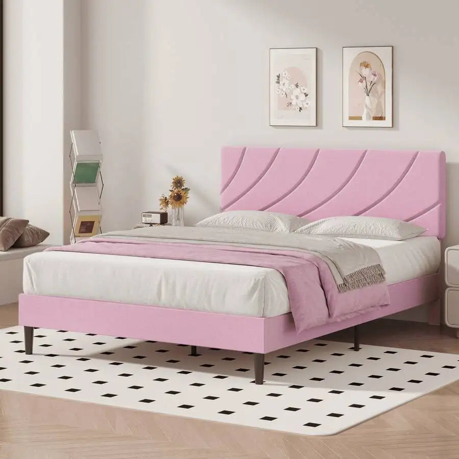 Queen Upholstered Bed Frame With Headboard, Modern Linen Fabric Platform Bed, Adjustable Headboard, No Box Spring Needed, Easy Assembly, Twin/Full/Queen, Black/Blue/Pink/White