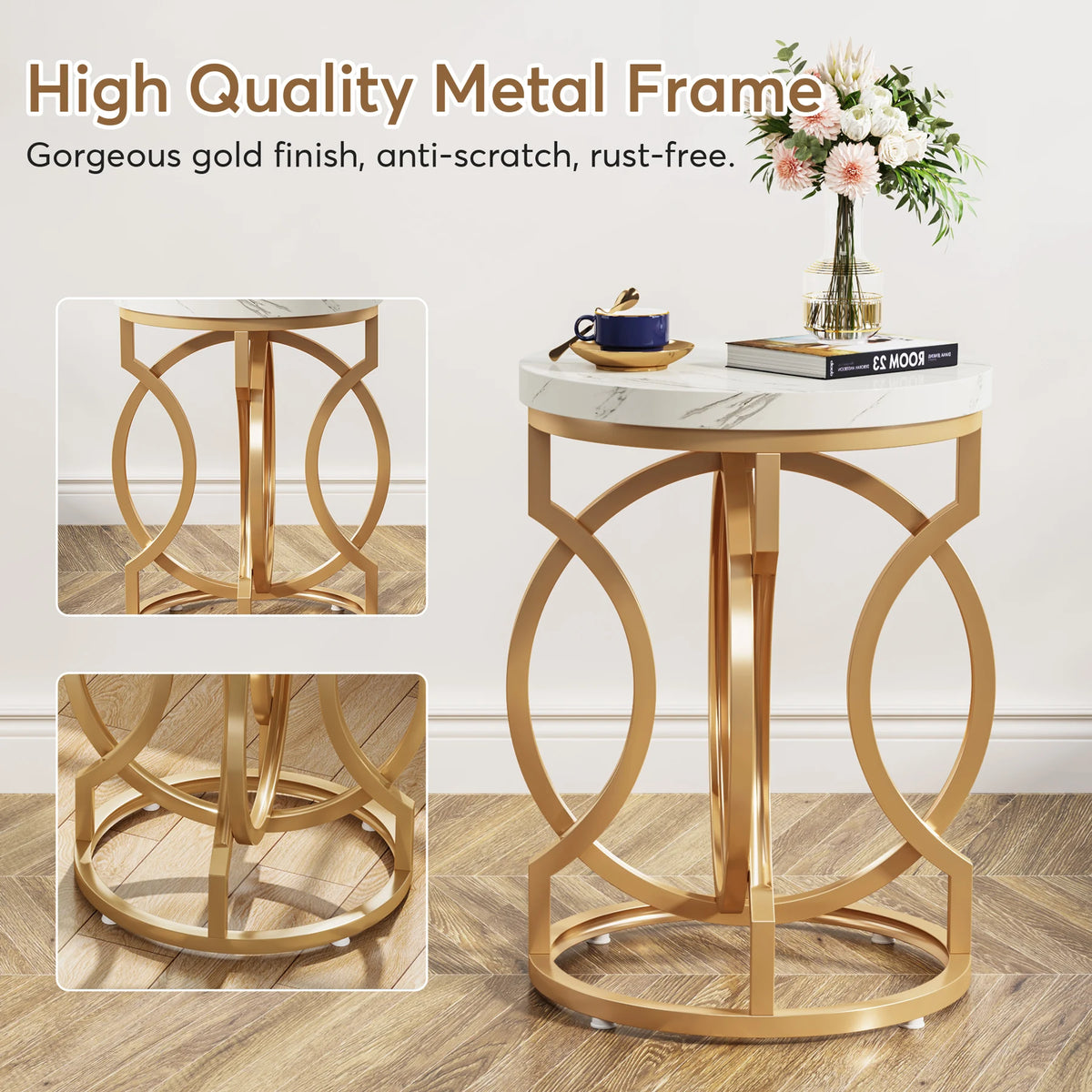 Modern Round End Table with Thick Wood Top, 20“ Side Table Cocktail Table with Unique O-Shaped Base