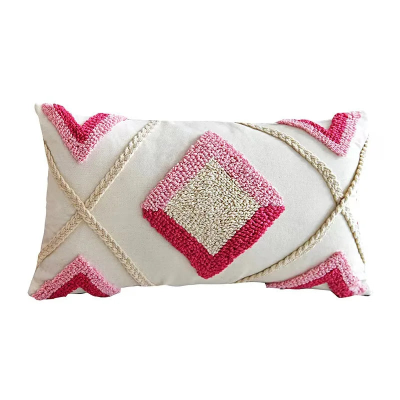 Nordic Blue Tufted Cushion Cover Geometric Stripe Grid Crochet Tassels Pillow Cover Decorative Home Decorative Cushions for Sofa