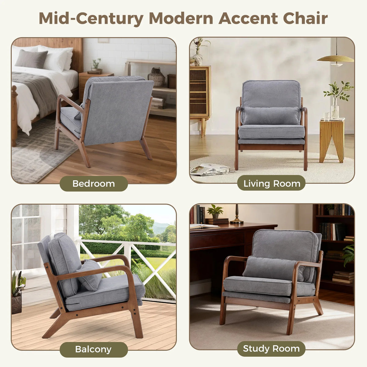 Mid Century Modern Chair Solid Wooden Frame Accent Chair with Arms  Lounge chair