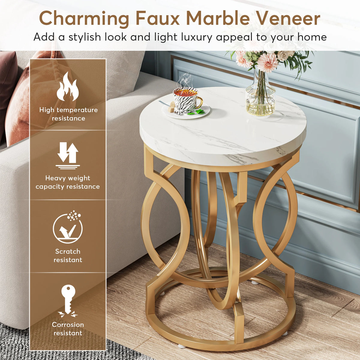 Modern Round End Table with Thick Wood Top, 20“ Side Table Cocktail Table with Unique O-Shaped Base