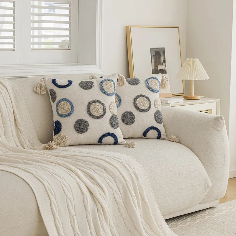 Nordic Blue Tufted Cushion Cover Geometric Stripe Grid Crochet Tassels Pillow Cover Decorative Home Decorative Cushions for Sofa