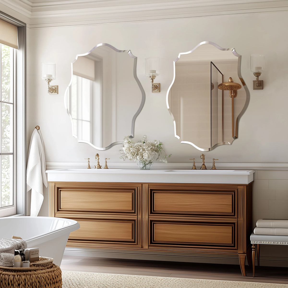 Wisfor Wall Mirror Scalloped Frameless Beveled Edge Polished for Bathroom, Living Room, Vanity, Bedroom, Slive Mirror