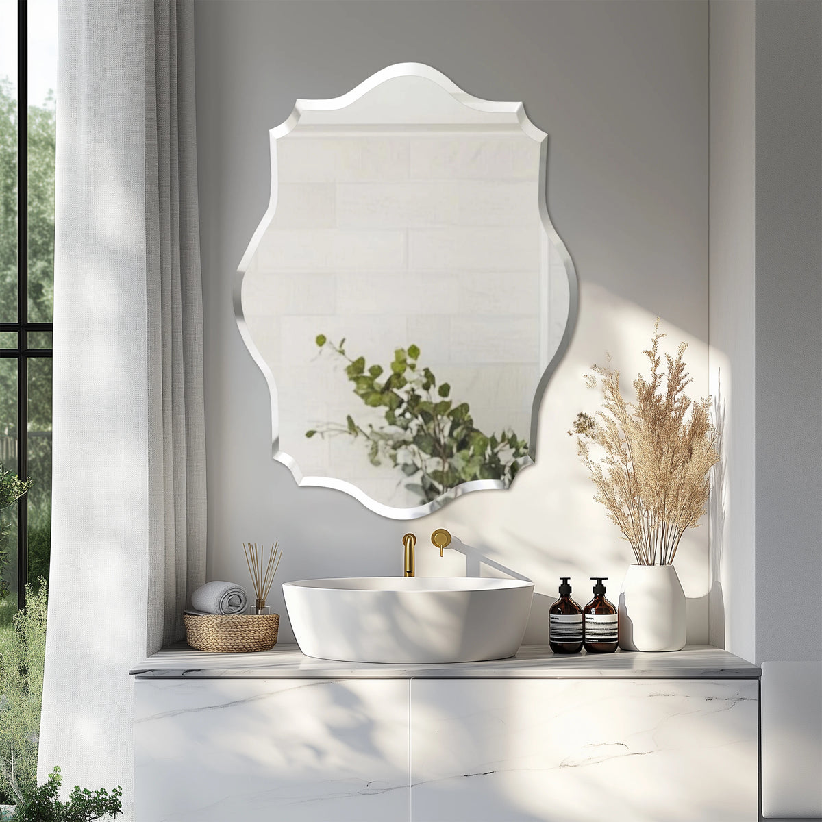 Wisfor Wall Mirror Scalloped Frameless Beveled Edge Polished for Bathroom, Living Room, Vanity, Bedroom, Slive Mirror