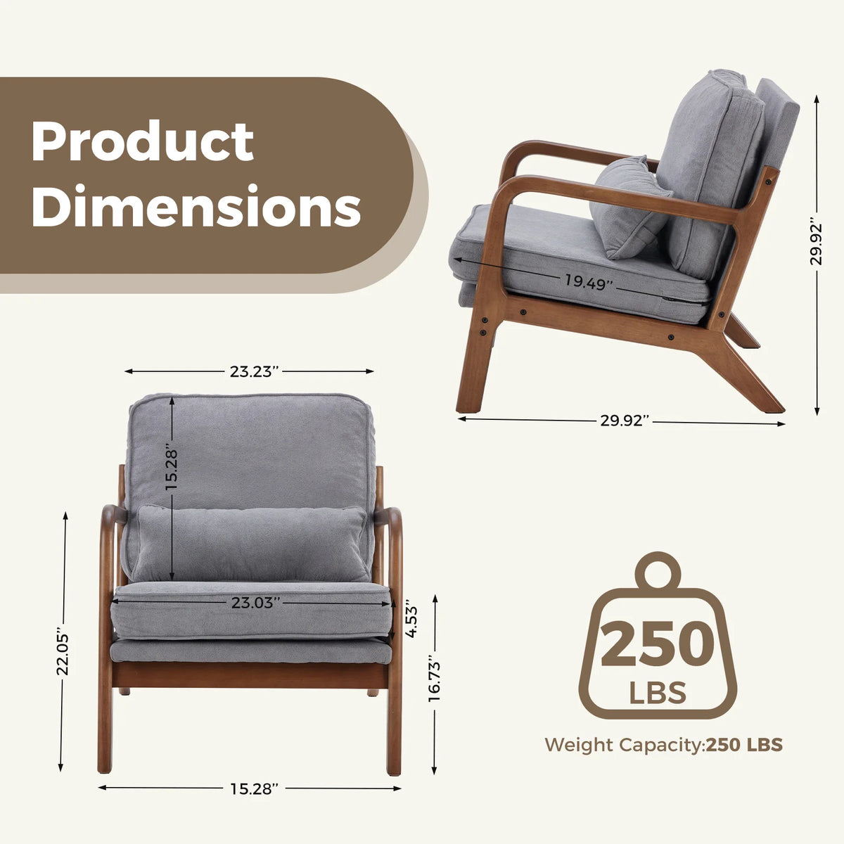 Mid Century Modern Chair Solid Wooden Frame Accent Chair with Arms  Lounge chair
