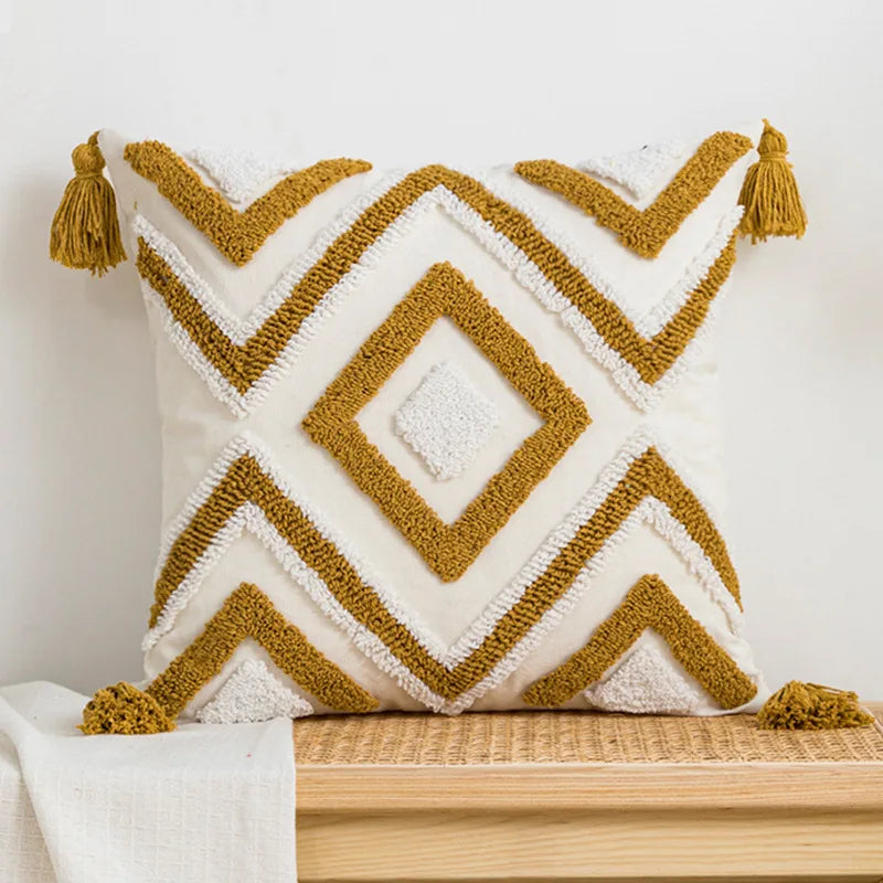Nordic Blue Tufted Cushion Cover Geometric Stripe Grid Crochet Tassels Pillow Cover Decorative Home Decorative Cushions for Sofa