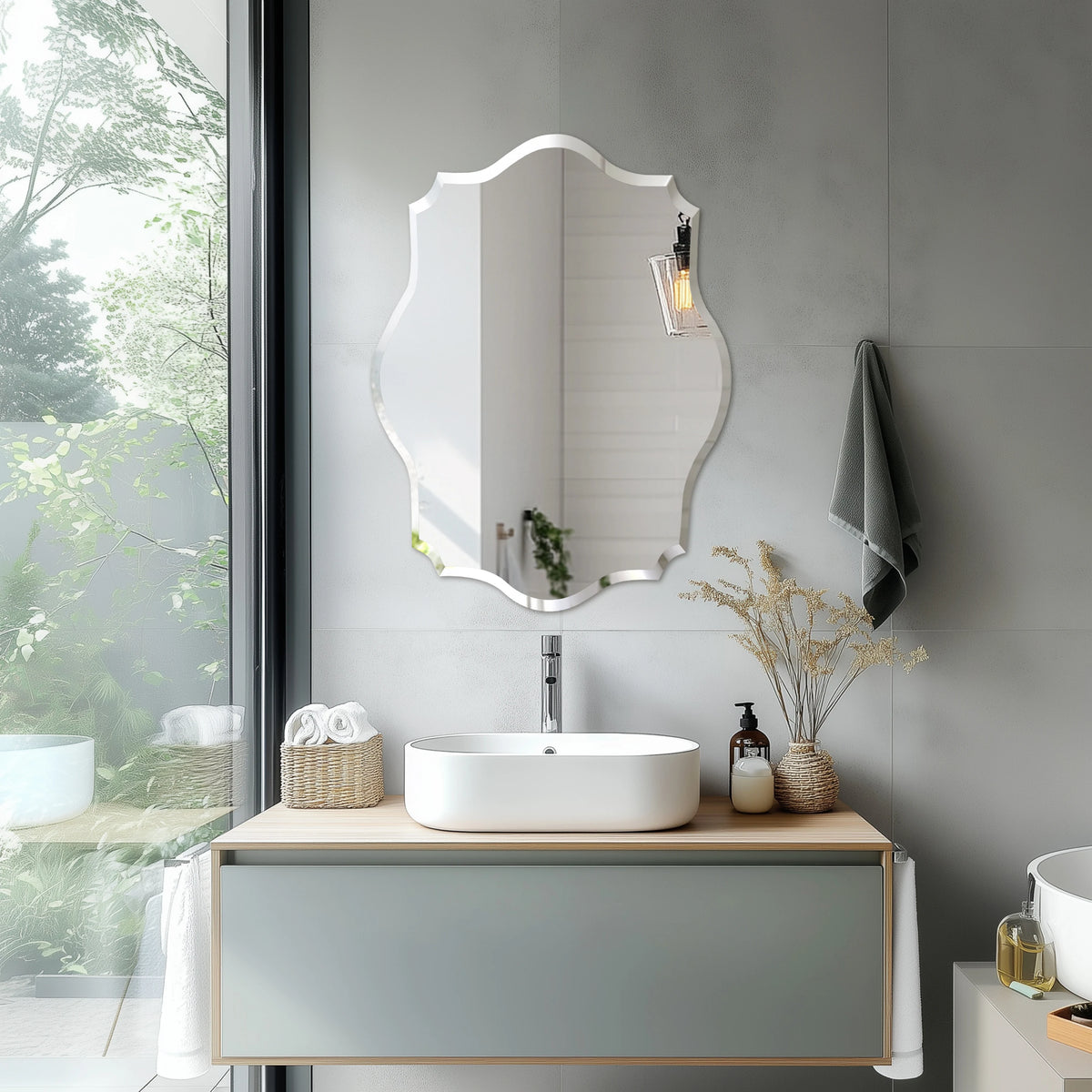 Wisfor Wall Mirror Scalloped Frameless Beveled Edge Polished for Bathroom, Living Room, Vanity, Bedroom, Slive Mirror