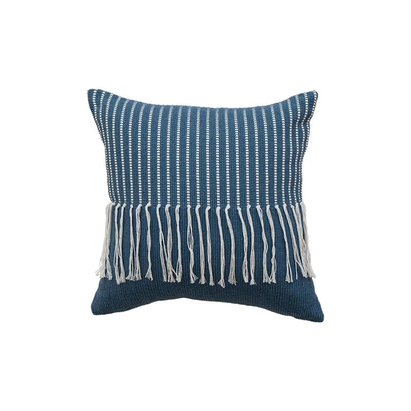 Nordic Blue Tufted Cushion Cover Geometric Stripe Grid Crochet Tassels Pillow Cover Decorative Home Decorative Cushions for Sofa