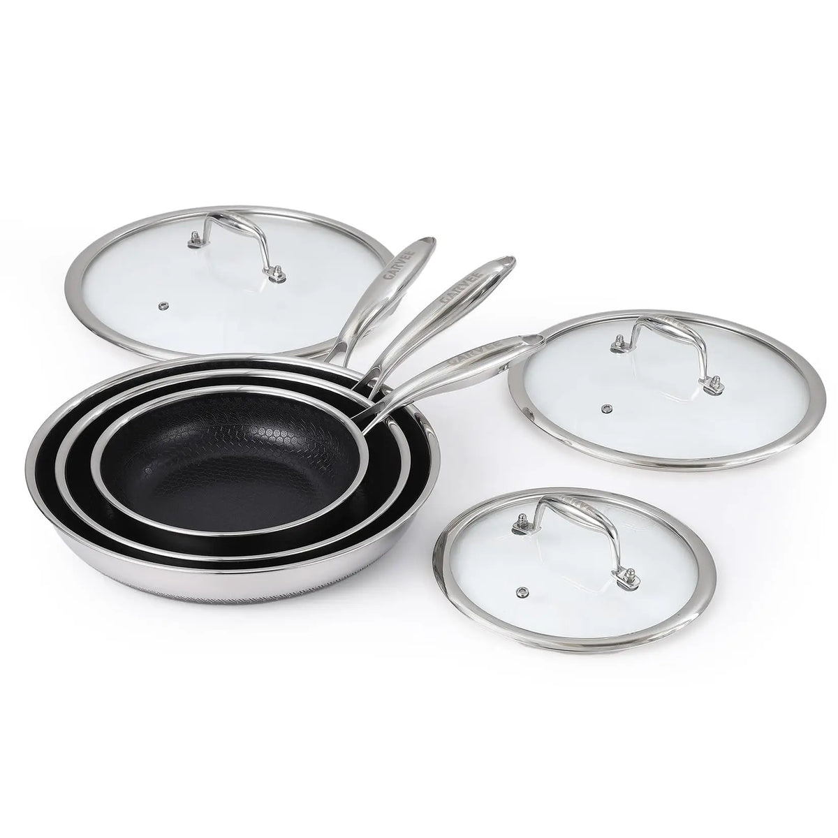 6Pcs Tri-Ply Stainless Steel Frying Pan Set Honeycomb Non-Stick Skillet With Glass Lids Induction Cookware Set