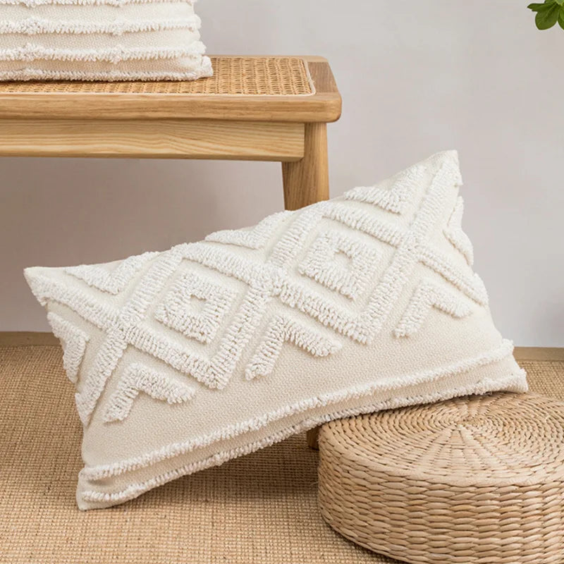 Nordic Blue Tufted Cushion Cover Geometric Stripe Grid Crochet Tassels Pillow Cover Decorative Home Decorative Cushions for Sofa
