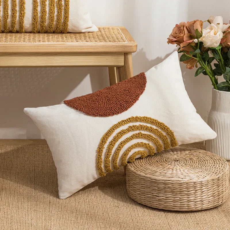 Nordic Blue Tufted Cushion Cover Geometric Stripe Grid Crochet Tassels Pillow Cover Decorative Home Decorative Cushions for Sofa