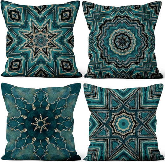 4Pcs Luxury Boho Mandala Throw Pillow Covers with Gilded Vein Watercolor Art Cushion Cases for Balcony Patio Garden Home Decor