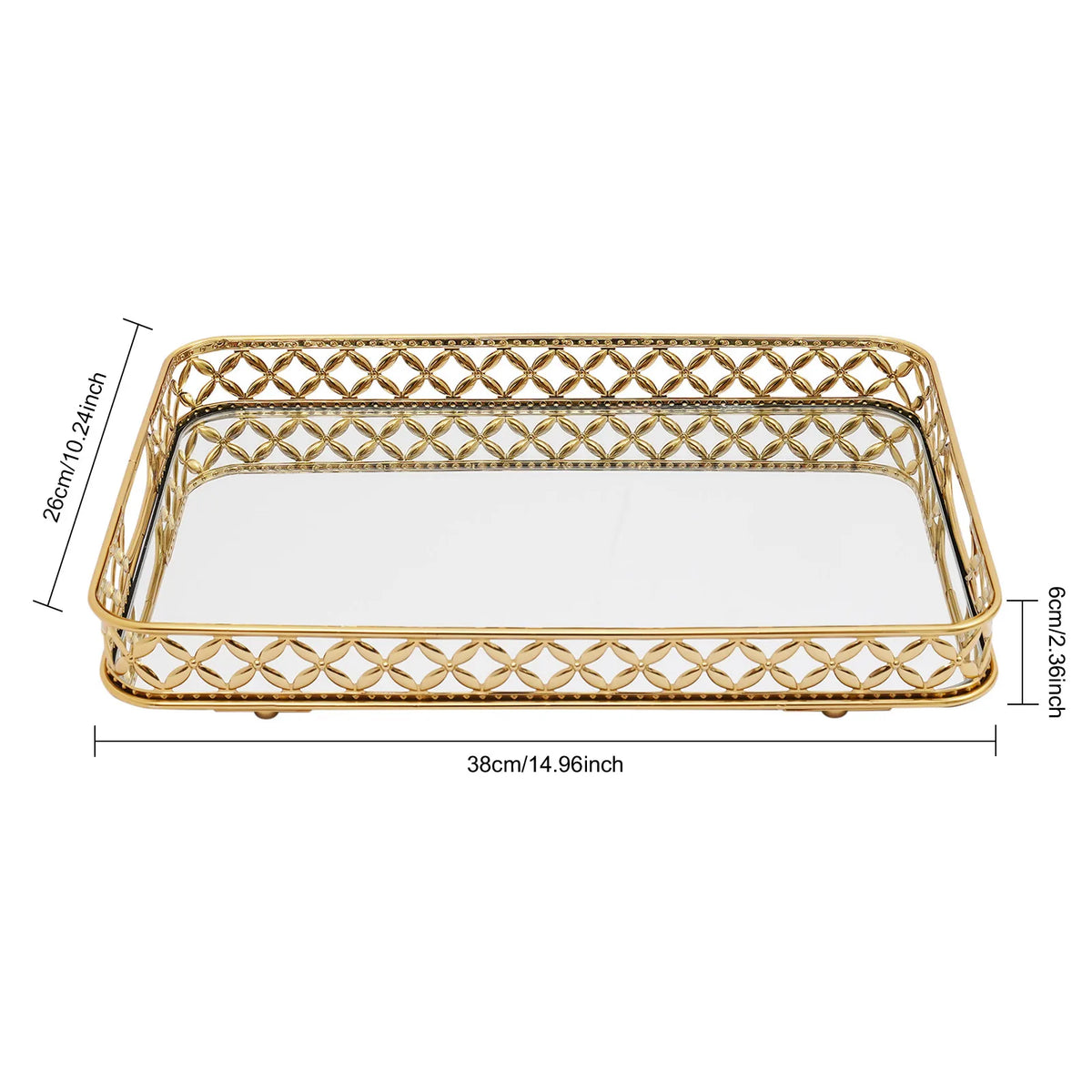 Rectangle Gold Decorative Tray Mirror Tray, Tabletop Decoration Tray with Handles for  Dresser, Bedroom, Cafe, Closet, Bar