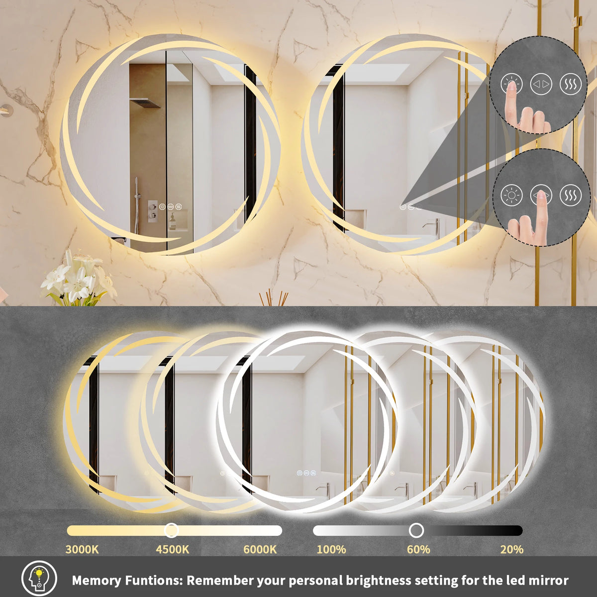 Anti-fog LED Bathroom Mirror Circle Backlit HD Wall Mounted Vanity Mirror Shatterproof 3 Colors Lights Adjust
